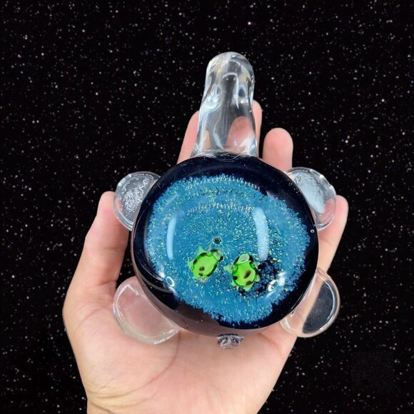 Art Glass Turtle Paperweight Figurine Thick Heavy Glass Turtle W Green Frogs - Picture 8 of 13